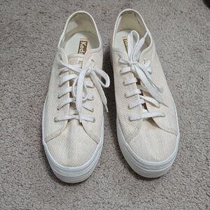 Keds Platform Sneakers Size 11 Womens Beige Gold White Lace UP Summer Trendy